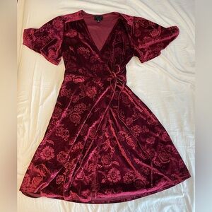 Deep Red Velvet Flouncy Floral Wrap Dress